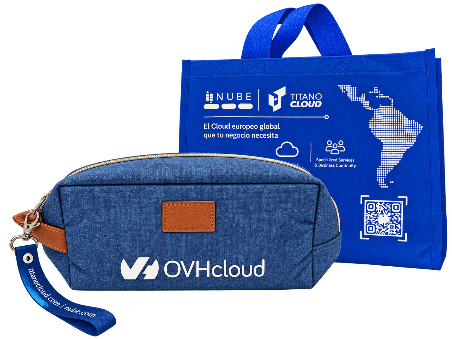 Cartuchera azul con logo OVHcloud sobre bolsa iiNube × Titano Cloud